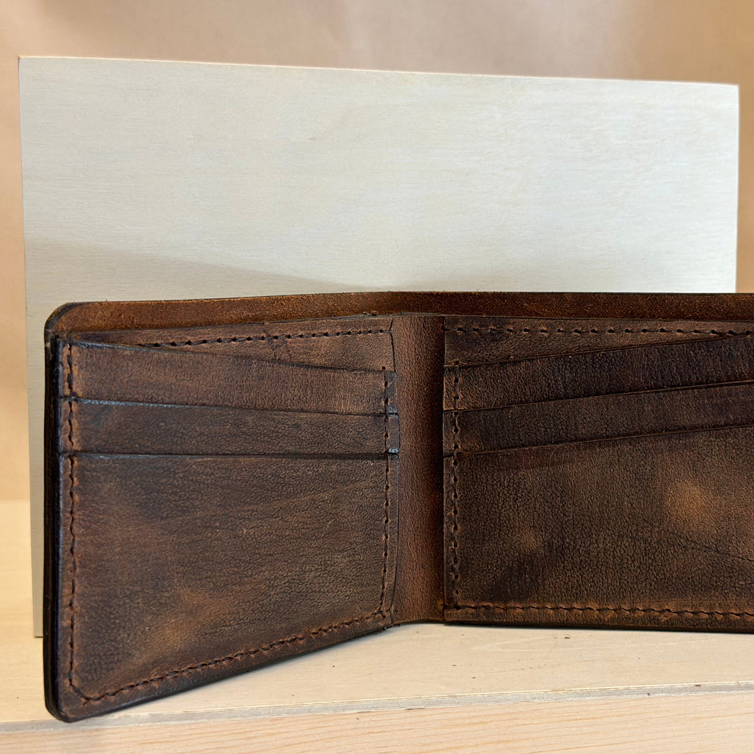 Brown Pull Up Leather Bi-Fold Leather solid top grain leather wallet handstitched and built to lasst.