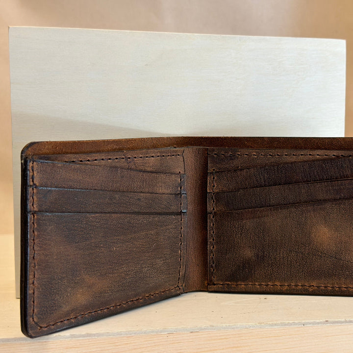 Brown Pull Up Leather Bi-Fold Leather solid top grain leather wallet handstitched and built to lasst.