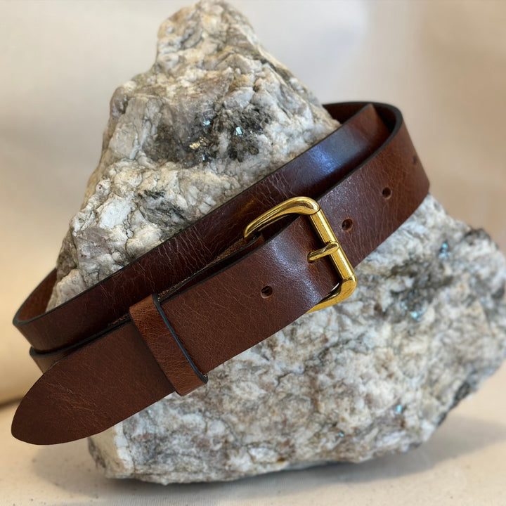 Shining Rock Goods dark brown crackle solid top grain leather belt 10 year guarantee handmade in Asheville, NC