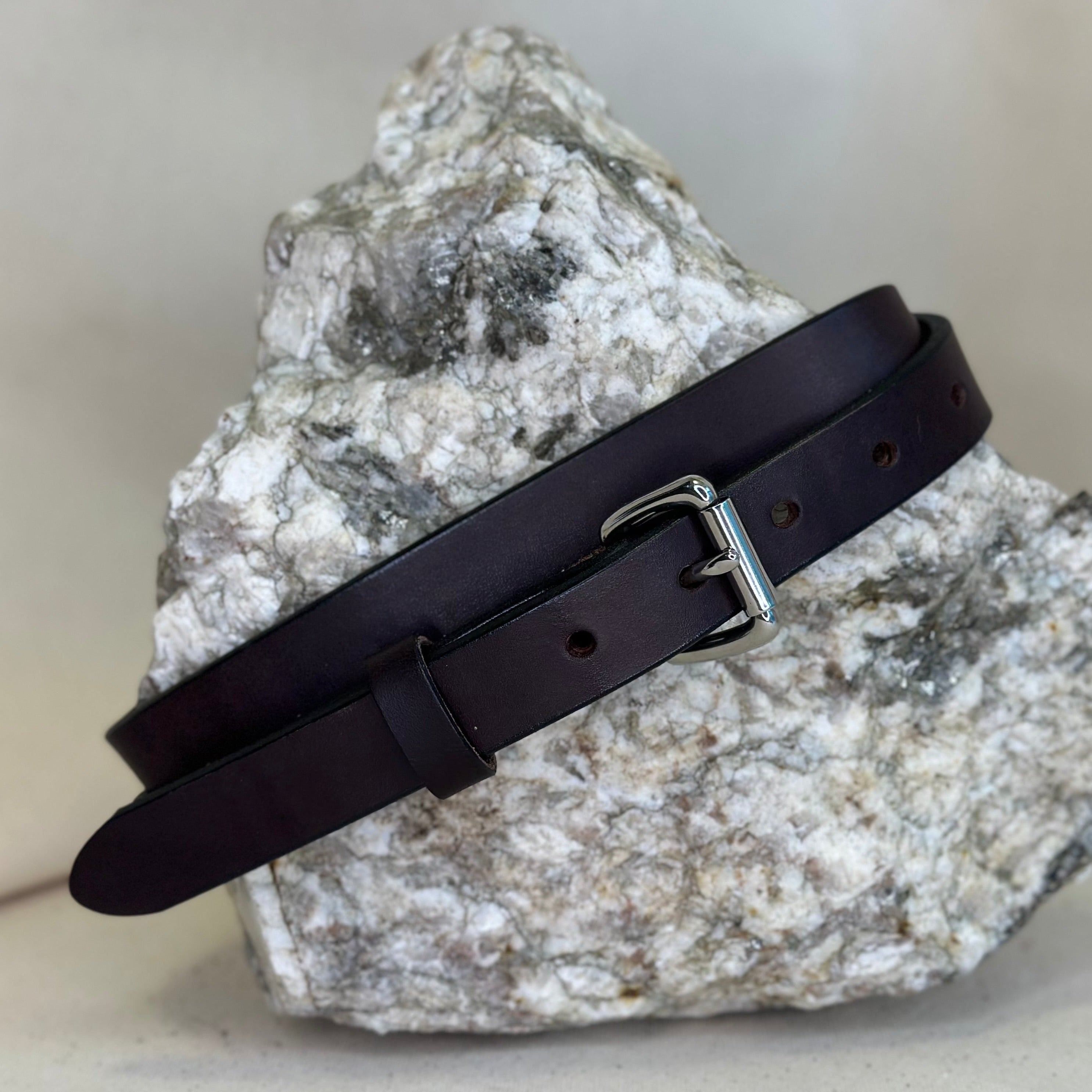 Shining Rock Goods handmade solid leather black one inch belt with a nickel silver roller belt buckle