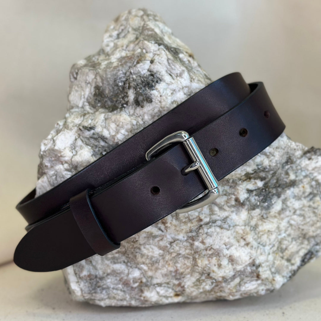 Shining Rock Goods 1.5 inch hand made solid leather belt with nickel silver roller buckle