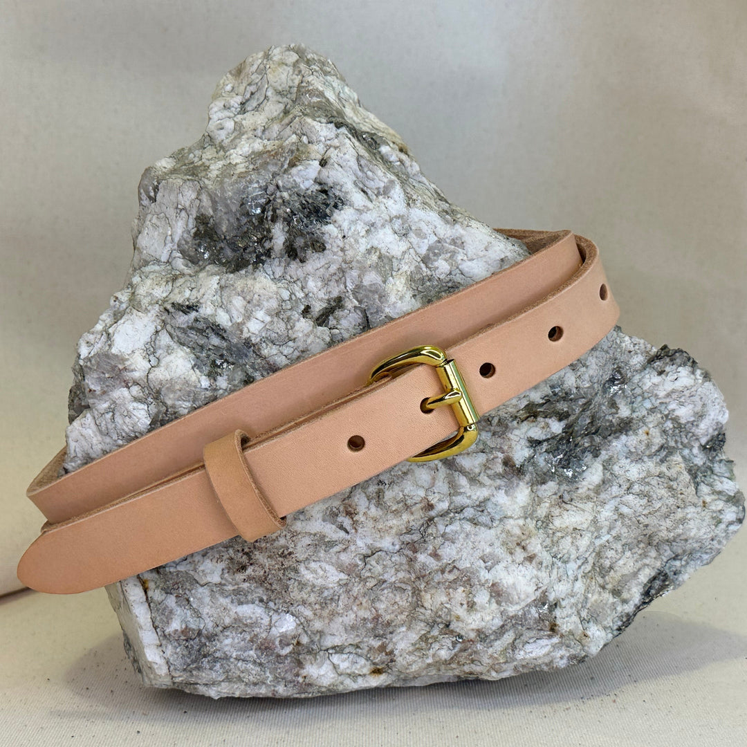 Shining Rock Goods 1 inch handmade veg tan leather belt with solid brass roller belt buckle non gendered unisex gifts equestrian