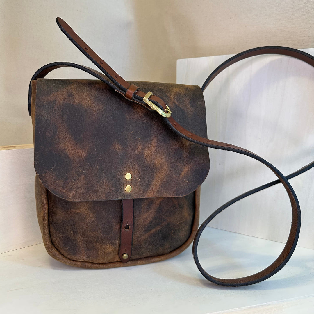Shining Rock Goods small dark brown handmade leather crossbody handbag with solid brass hardware unisex gift