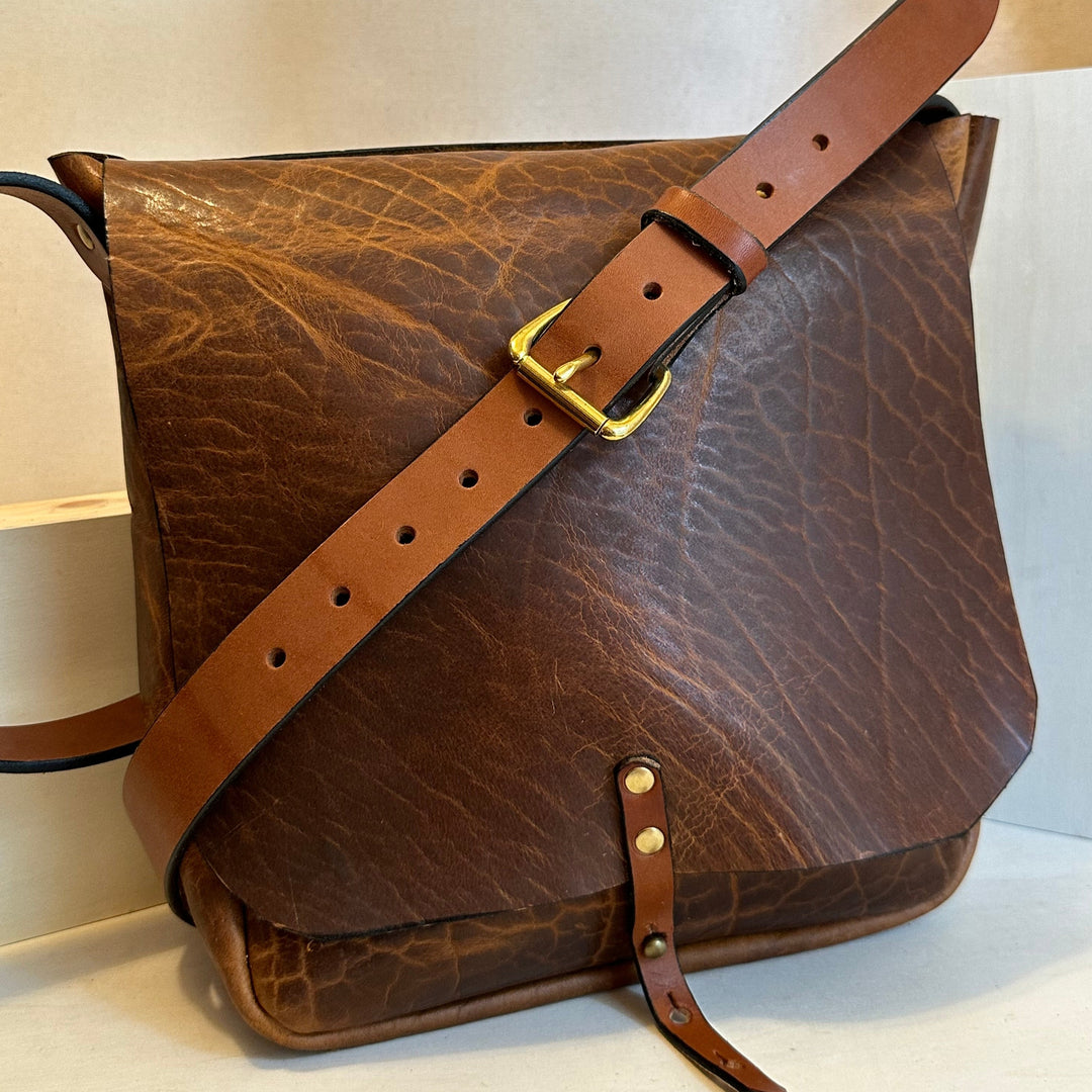 Shining Rock Goods large shrunken bison handmade leather crossbody handbag with brass hardware unisex light brown