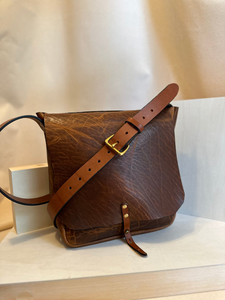 Shining Rock Goods large shrunken bison handmade leather crossbody handbag with brass hardware unisex light brown