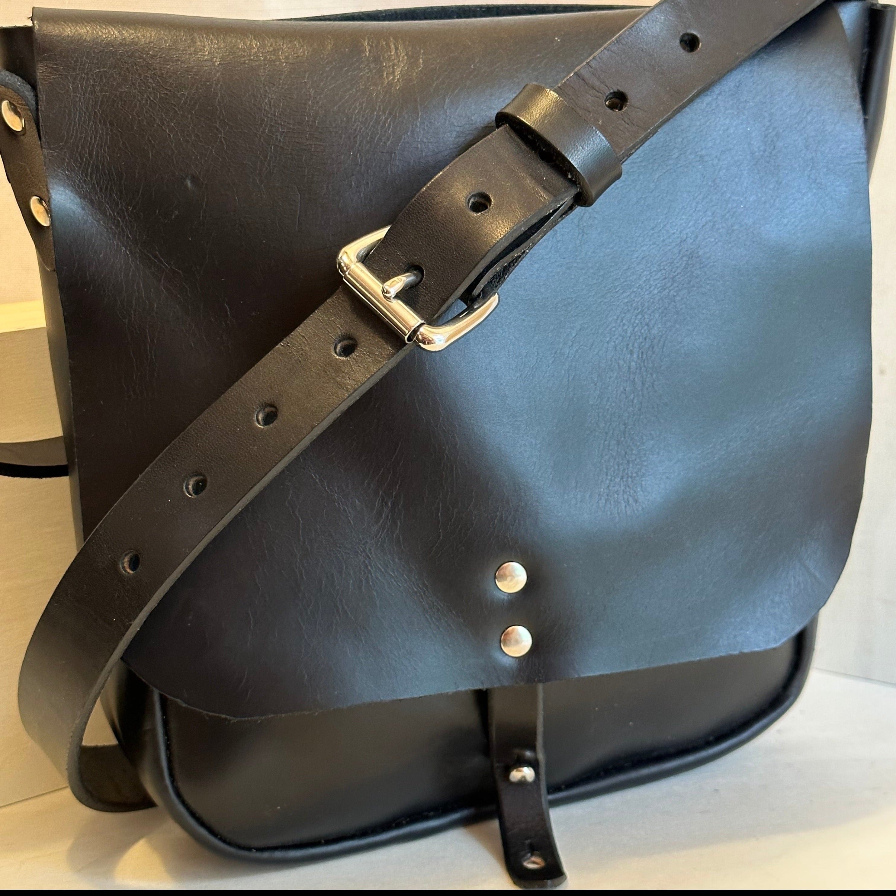 Shining Rock Goods small black chrome XL handmade leather crossbody handbag with nickel silver hardware unisex gift