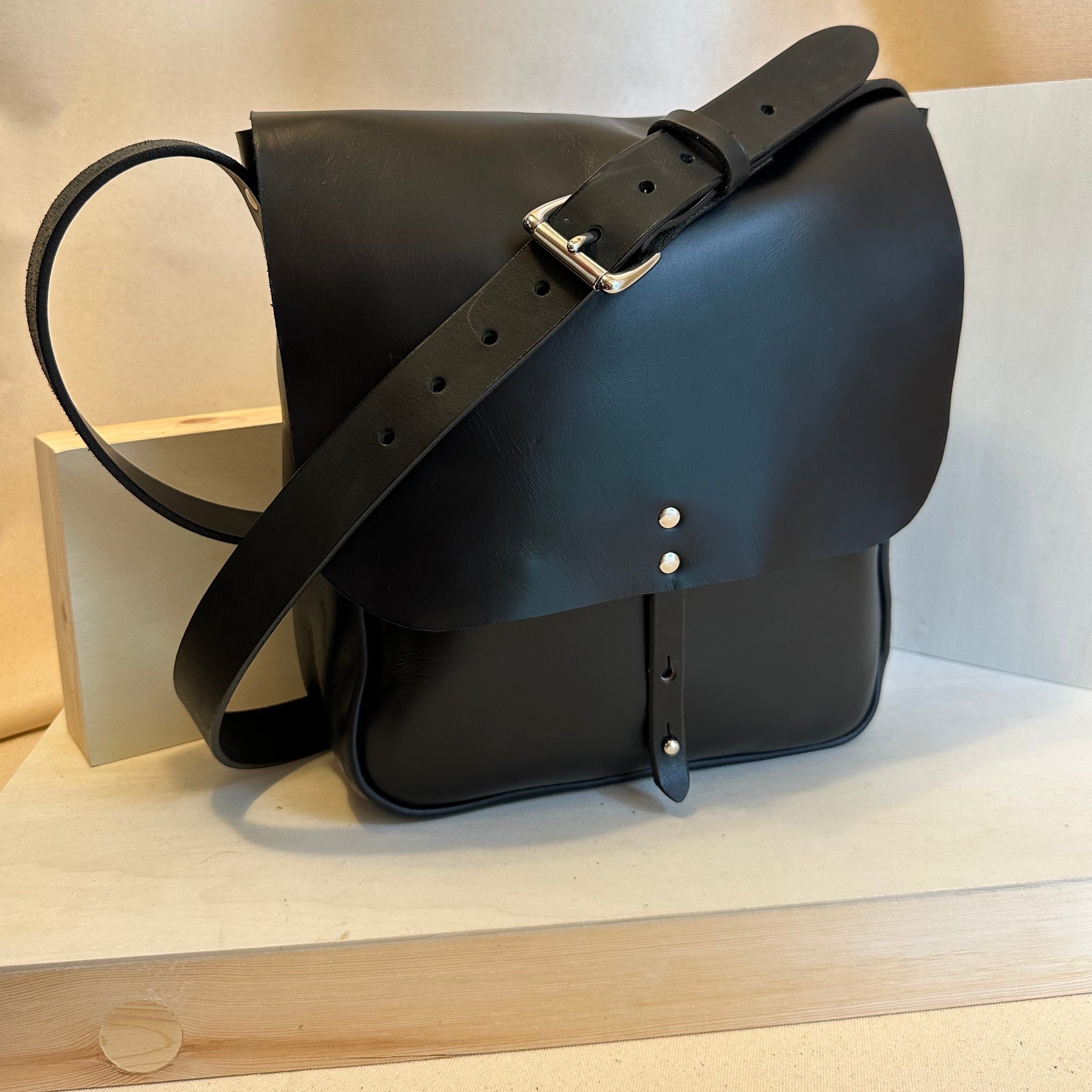 Shining Rock Goods small black chrome XL handmade leather crossbody handbag with stainless steel hardware unisex gift