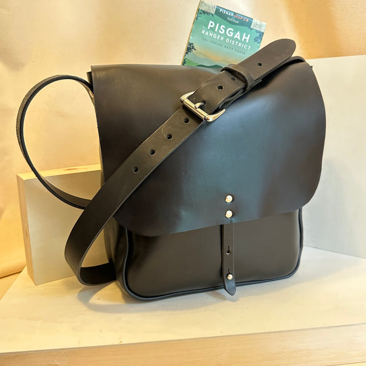 Shining Rock Goods large black chrome XL handmade leather crossbody handbag with stainless steel hardware unisex gift