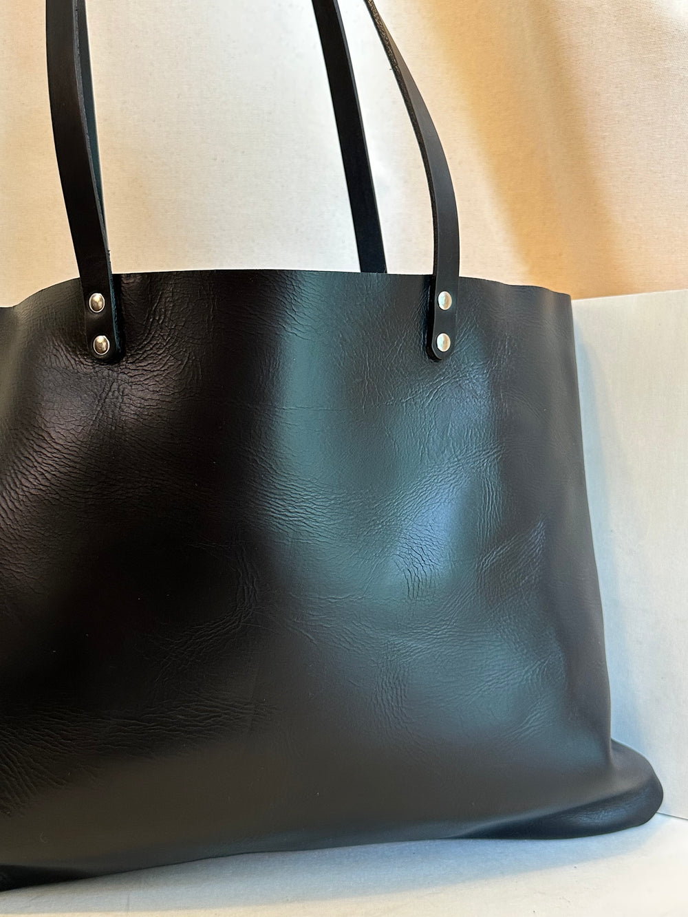 Shining Rock Goods Medium Black Portfolio Tote Bag handmade with Horween Chorme XL leather in our Asheville NC Studio