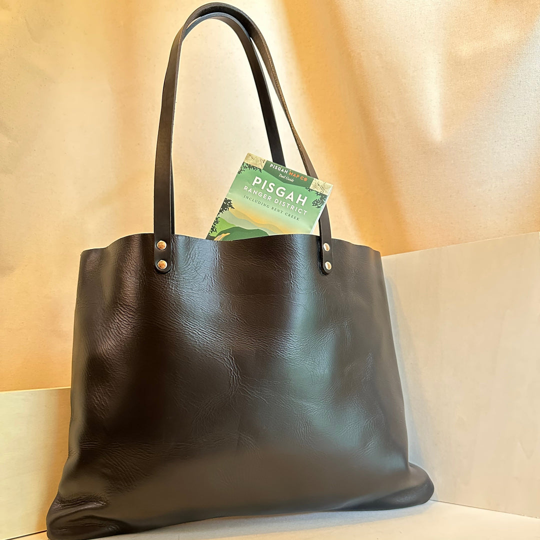 Shining Rock Goods Medium Black Portfolio Tote Bag handmade with Horween Chorme XL leather in our Asheville NC Studio