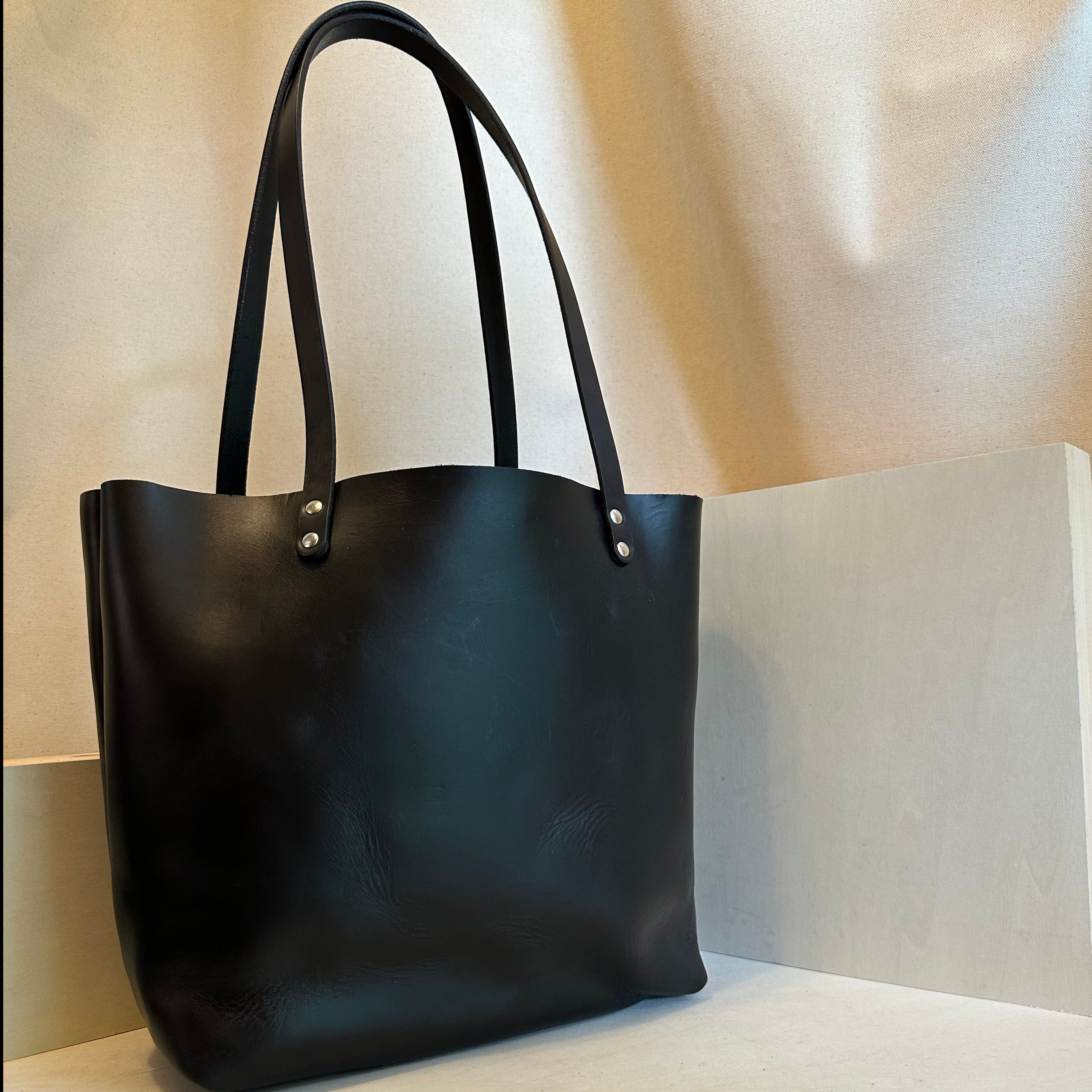 Shining Rock Goods EDC Black Tote Bag handmade with Horween Chorme XL leather in our Asheville NC Studio