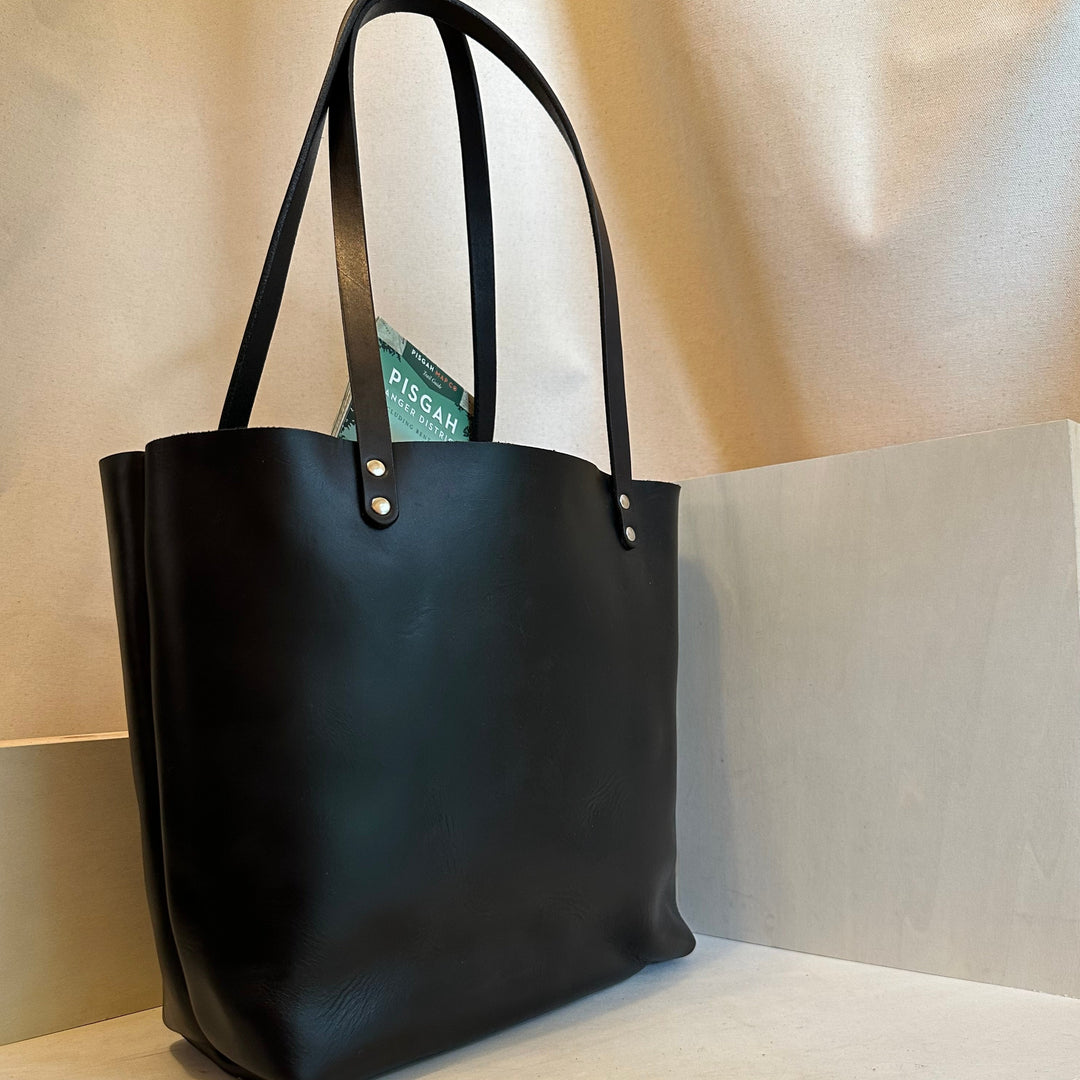 Shining Rock Goods EDC Black Tote Bag handmade with Horween Chorme XL leather in our Asheville NC Studio