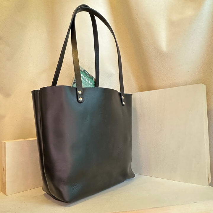 Shining Rock Goods EDC Black Tote Bag handmade with Horween Chorme XL leather in our Asheville NC Studio