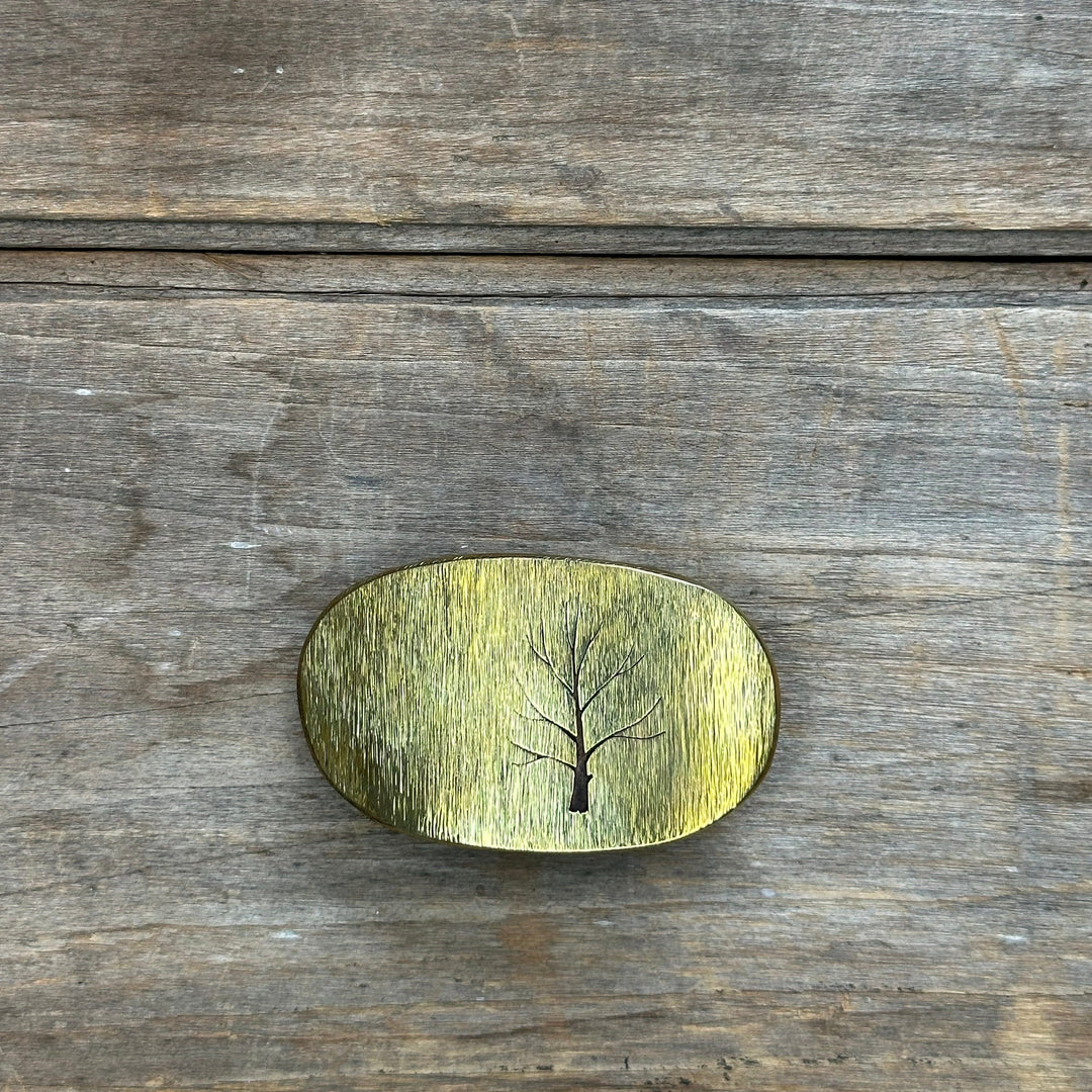 Oval solid brass  handmade "Tree" belt buckle by David M. Bowman made to fit an inch and a half belt.